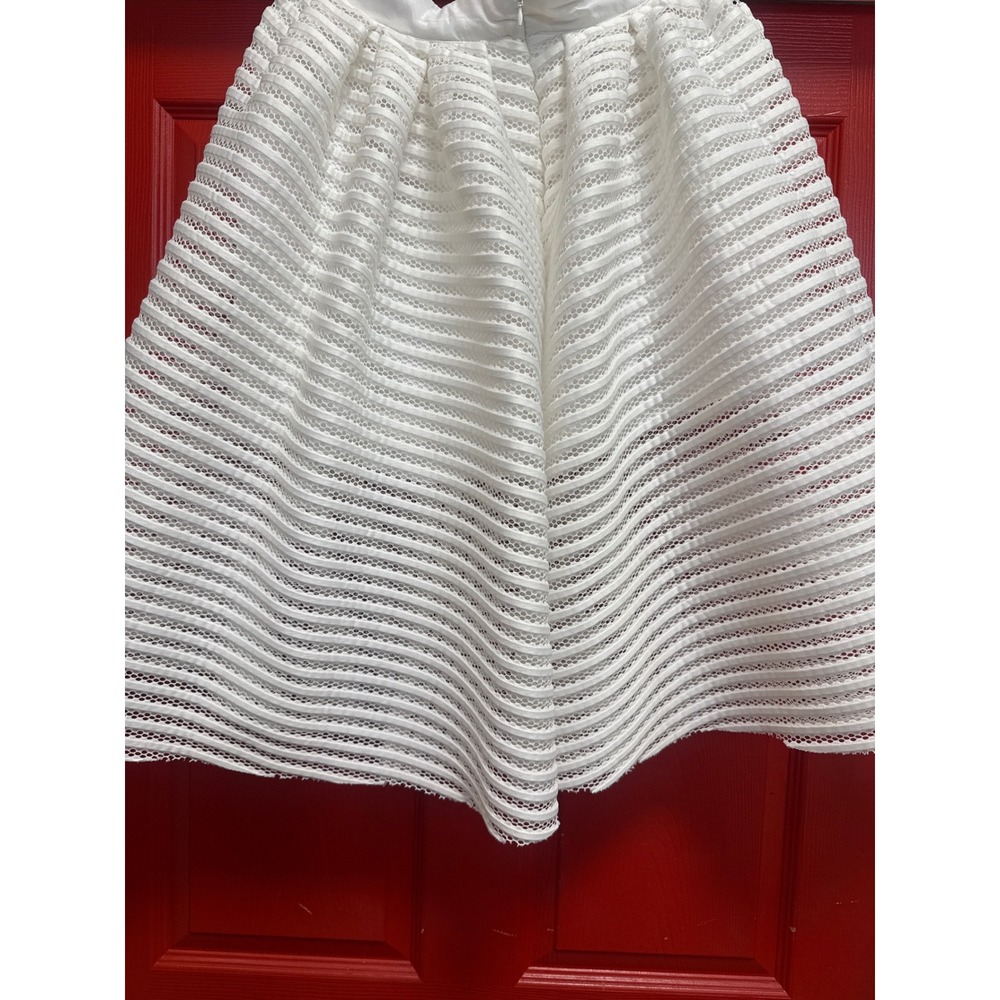 White Mesh Pleated Midi Skirt A-Line Striped Overlay Zipper Back Elegant